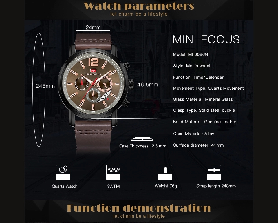 MINI FOCUS 0086 Chronograph Watch Military Sports Watches Men Wristwatches Quartz Movement Leather Relogio Masculino