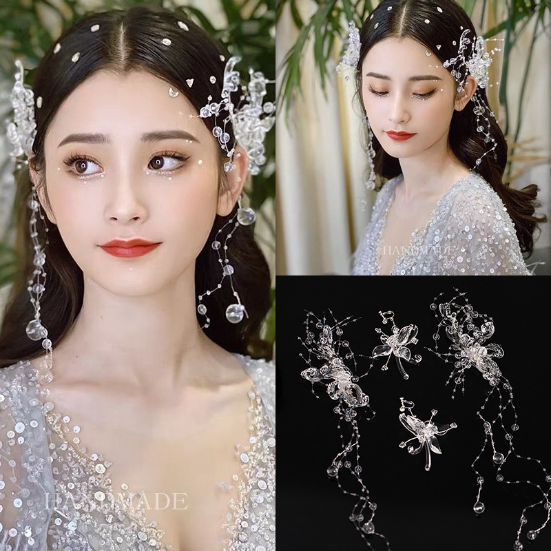 Groothandel Koreaans Ice Princess Tassel Crystal Fairy Bruidal Haarclip Earring Set kopstuk Accessoires