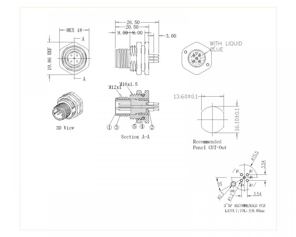 M12 3 ~ 5p Front di blocco maschio M16 D-codice non schermato