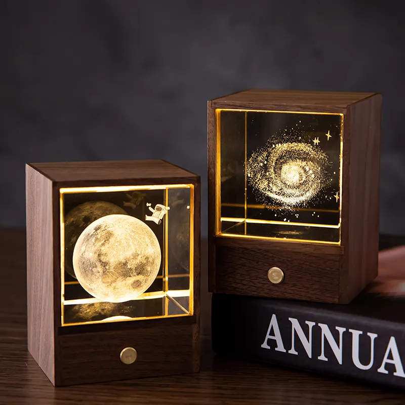 Enchanted Wooden Night Light Box with Radiant Crystal Sphere
