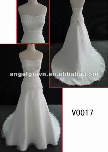 Strapless organza beaded lace dress with rouched bodice V0017