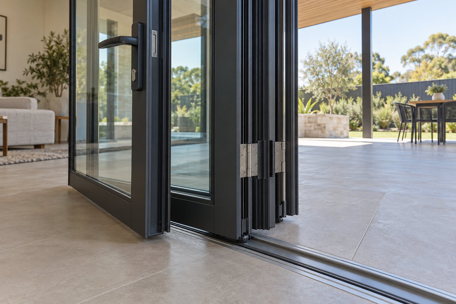 Contemporary bifold hardware and sill detail for project selection Close detail of aluminium bifold door hinges, slim frame, handle and drained patio threshold