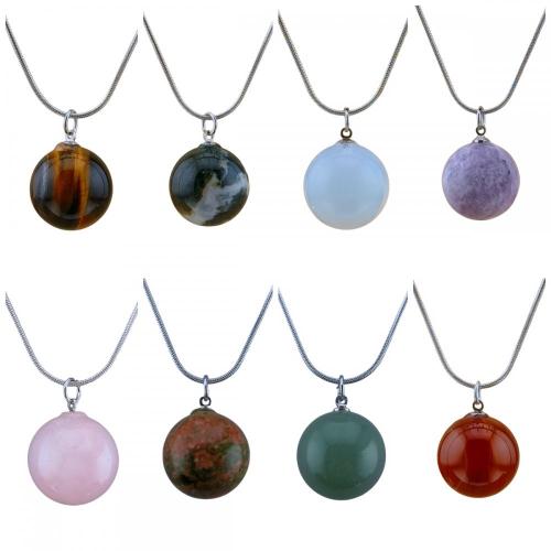 Gemstone 20mm Round Beads With 45CM Silver Snake Chain Necklace Natural Stone Crystal Ball Pendant Choker for Women Men Gift