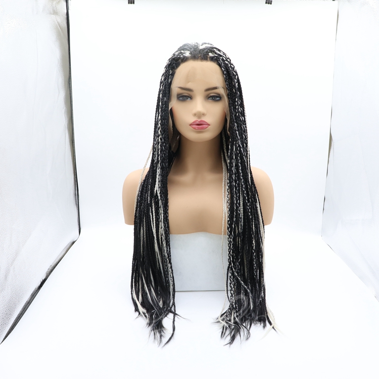Long straight mixed silver cheap wholesale high quality heat resistant synthetic braided wig with lace front