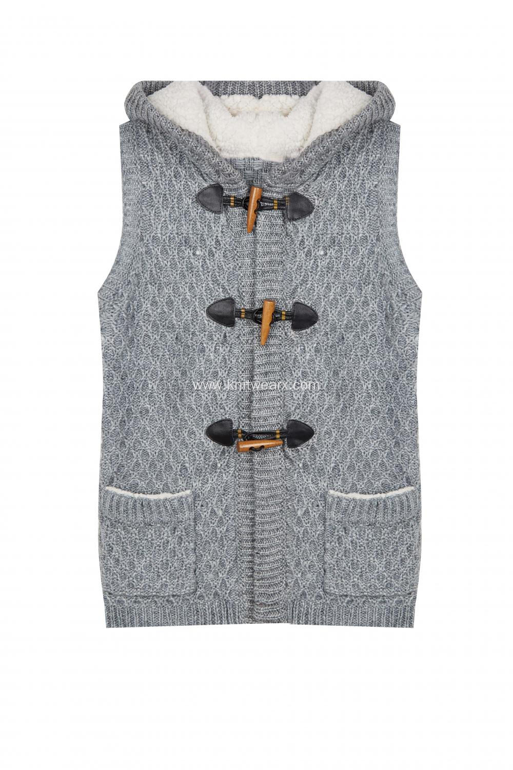 Women's Knitted Button Lined Hoodie Pocket Vest Cardigan