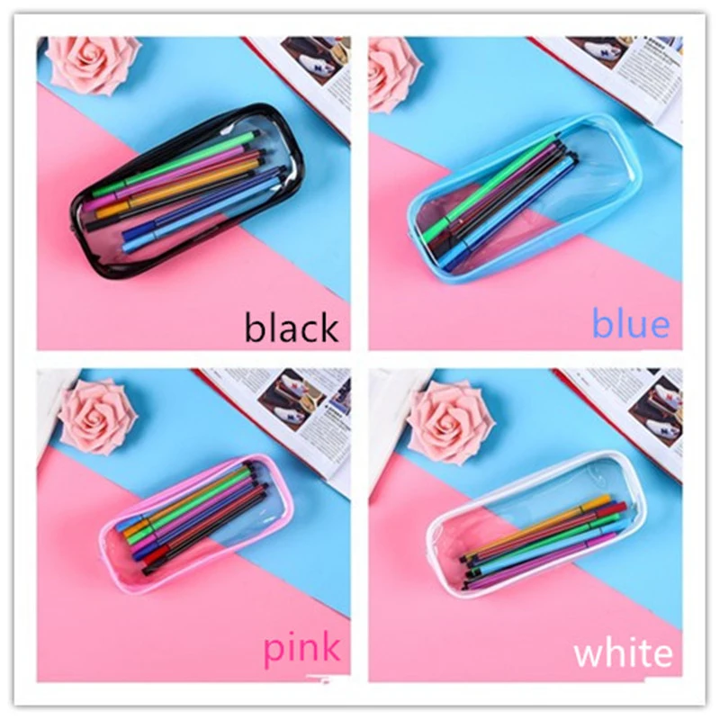 PVC Pencil Bag Zipper Pouch School Students Clear Transparent Waterproof Plastic PVC Storage Box Pen Case Mini