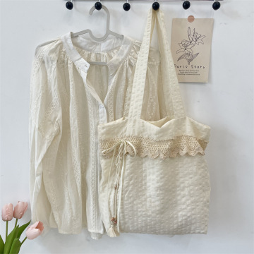 Charming White Canvas Tote Bag with Lace Trim