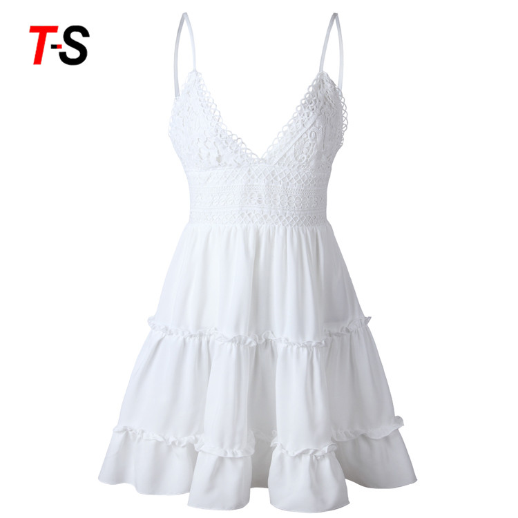 Best selling Summer Sweet Casual Party Style Dresses Striped sling sexy v-neck bow lace splice dress