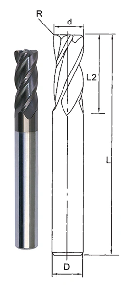 Solid Carbide Cutting Tools HRC55 4 Flutes Corner Radius End Mill