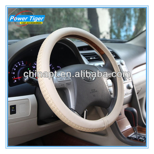 White hand-knitted car steering wheel cover