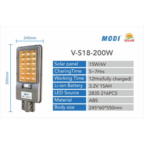 Lampadaire solaire 200W avec indicateur de charge