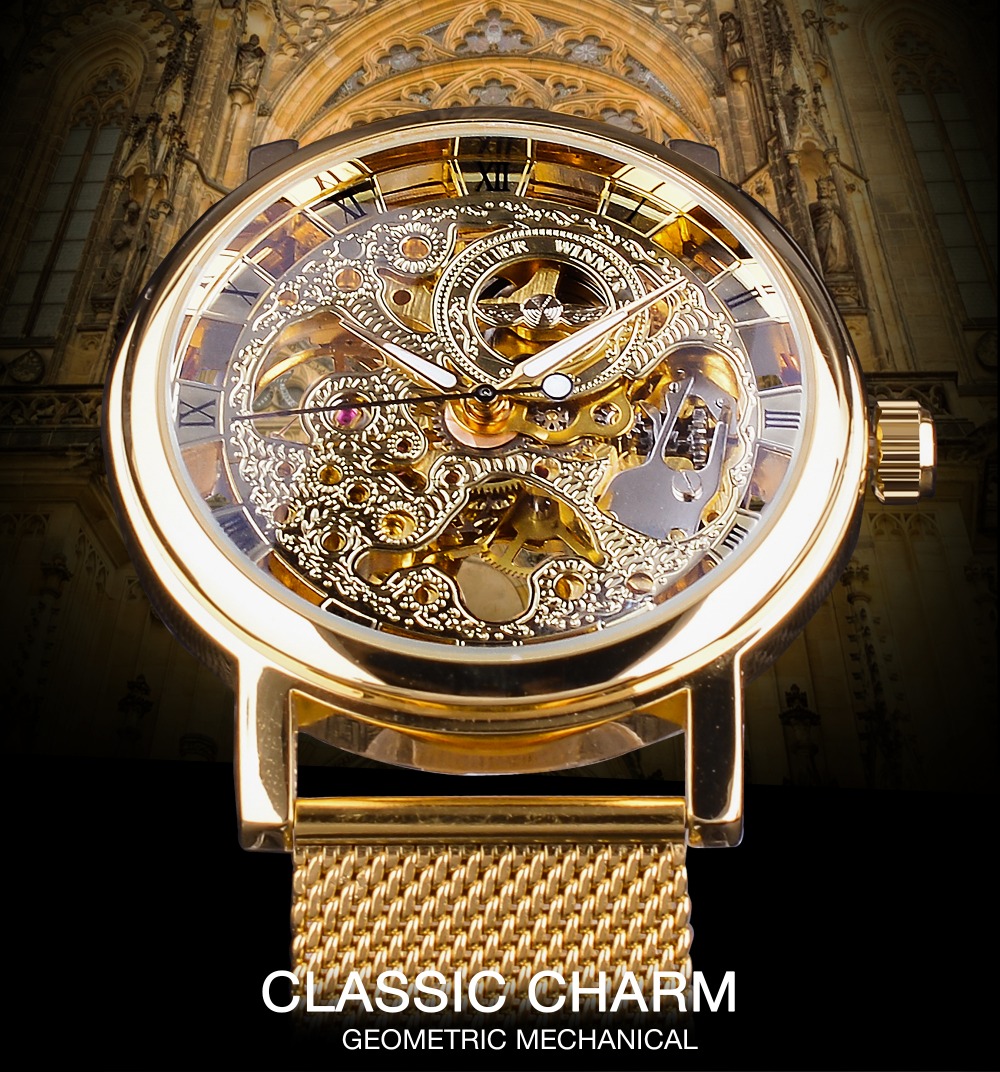 Top Brand Winner Thin Case Full Golden Watch Openwork Clock Mesh Band Men's Mechanical Watches Luminous Hands Relogio Masculino