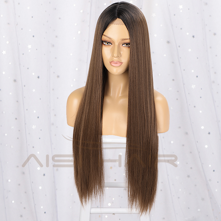Aisi Hair 26 Inch Long Silky Straight Swiss Lace Wig Wholesale Middle Part Ombre Brown Synthetic Hair Wigs For Black Women