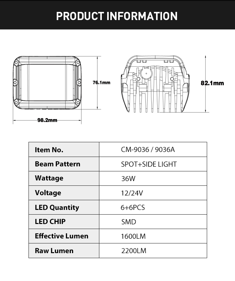 Luz de trabalho LED 36w quadrada de 3,8 "com luzes laterais, luz de direção LED UTV ATV offroad de alto desempenho