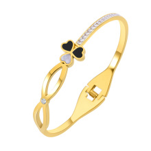 Stainless Steel Lucky Leaf Clover Gold Bangle with White Diamonds