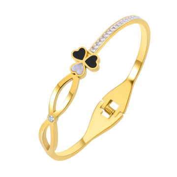 Stainless Steel Lucky Leaf Clover Gold Bangle with White Diamonds