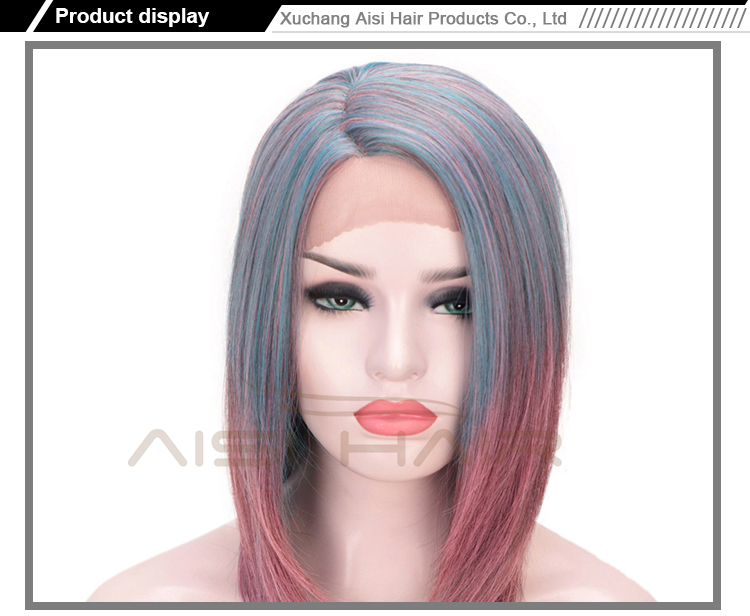 Aisi Hair Short Blue Mixed Pink Wig Straight Silky Front Lace Wig Cosplay Short Bob Lace Front Hair Wigs For Black White Women