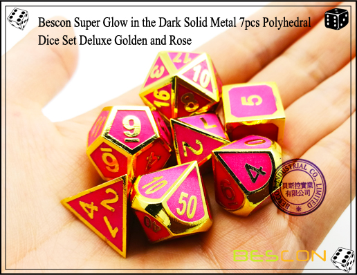 Bescon Super Glow dans le Dark Solid Metal 7pcs Polyhedral Dice Set Deluxe Golden et Rose-5 Bescon Super Glow in the Dark Solid Metal 7pcs Polyhedral Dice Set Deluxe Golden and Rose-5