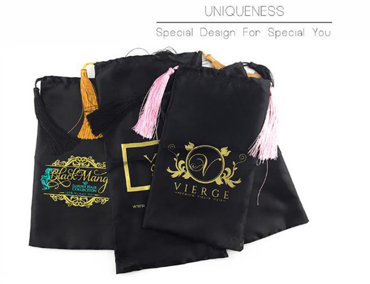 Customized Private Label Hair Tags And Wraps For Bundles Packaging, Silky Satin Bags With Tassels Custom Logo