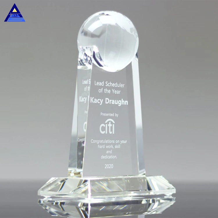 Human Metal Trophy with Man Glass Blue World Earth Crystal Award Globe