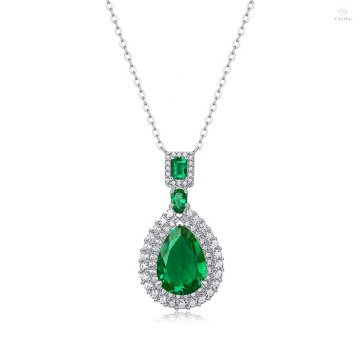 Vintage Style 925 Sterling Silver Pear Cut Lab Emerald Necklace Pendant