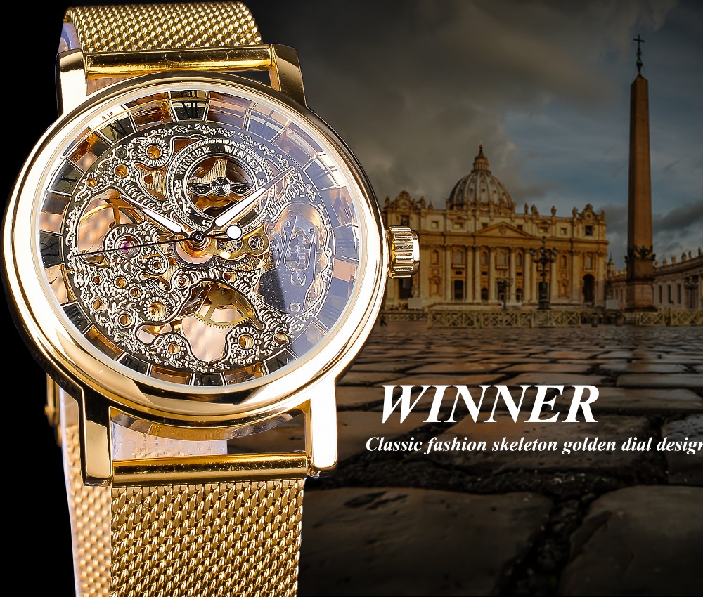 Top Brand Winner Thin Case Full Golden Watch Openwork Clock Mesh Band Men's Mechanical Watches Luminous Hands Relogio Masculino