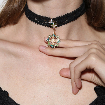 Star Moon Crystal Rhinestone Black Lace Chain Velvet Choker