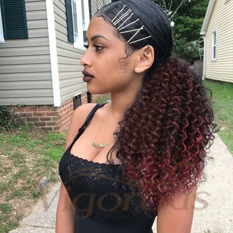 Vigorous High Quality Wholesale Long Ombre Burgundy Kinky Curly Machine Made Updo Drawstring Synthetic Ponytail Hair Extension