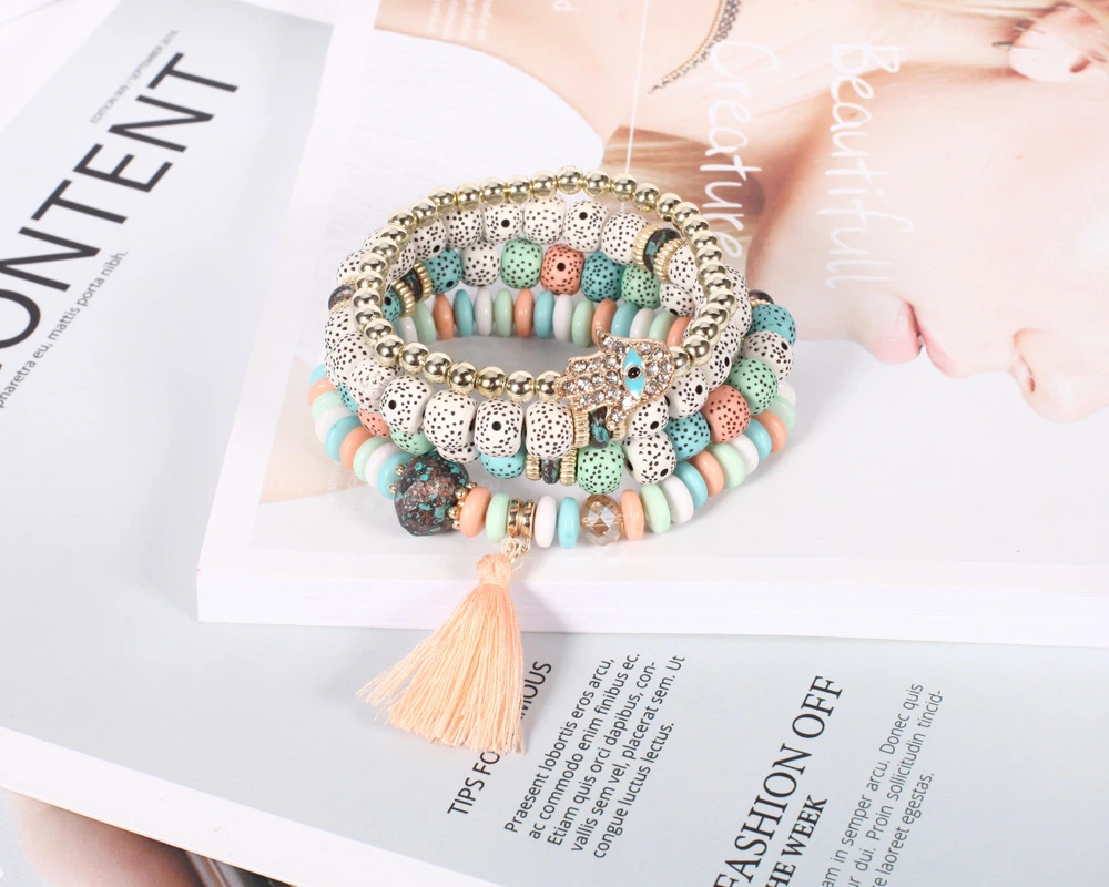 Women Costume Jewelry 4PCS Set Beaded Tassel Bracelet for Gift