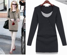 Hitz Europa yardas grandes flojas fue costura delgado falsa dos botones de manga larga que basa la camiseta femenina