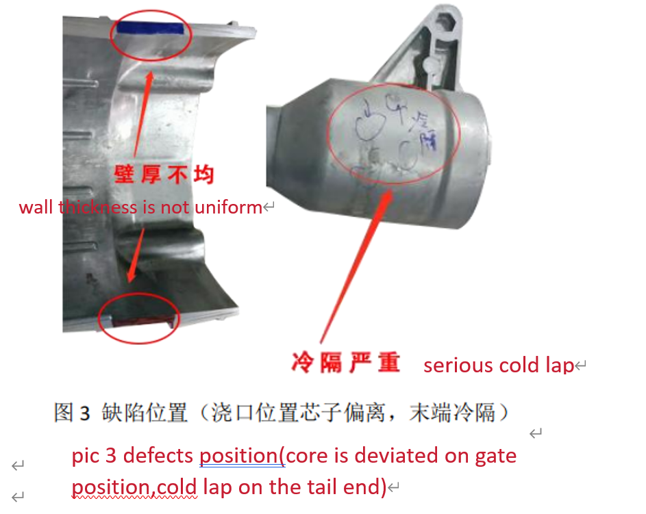 pic 3 defects position(core is deviated on gate position,cold lap on the tail end) pic 3 defects position(core is deviated on gate position,cold lap on the tail end)