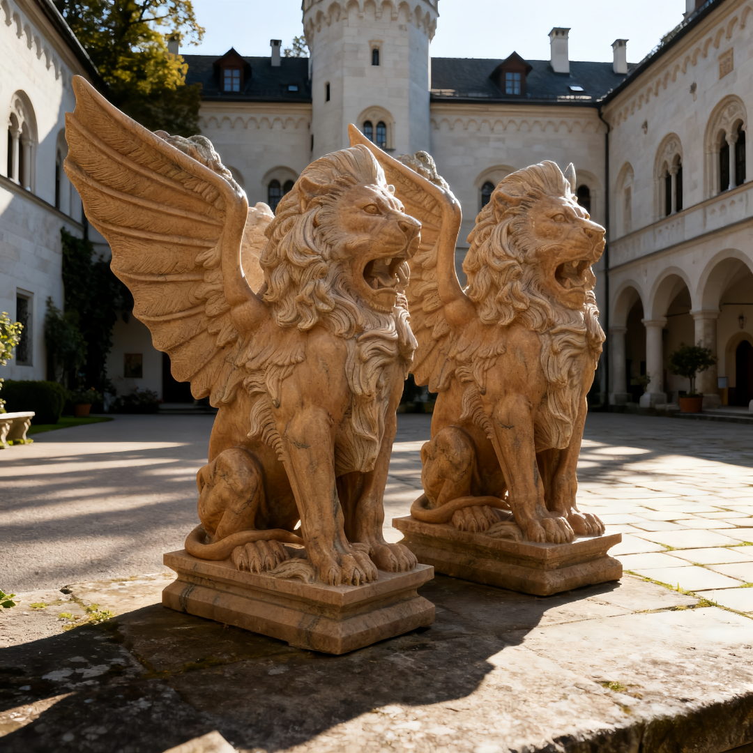 Escultura majestosa do guardião do leão alado sentado Regal Seated Winged Lion Guardian Sculpture