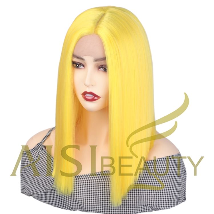 Aisi Beauty Hot Selling Supplier Shoulder Length Silky Straight Middle Part Yellow Synthetic Hair For Black Women Lace Front Wig