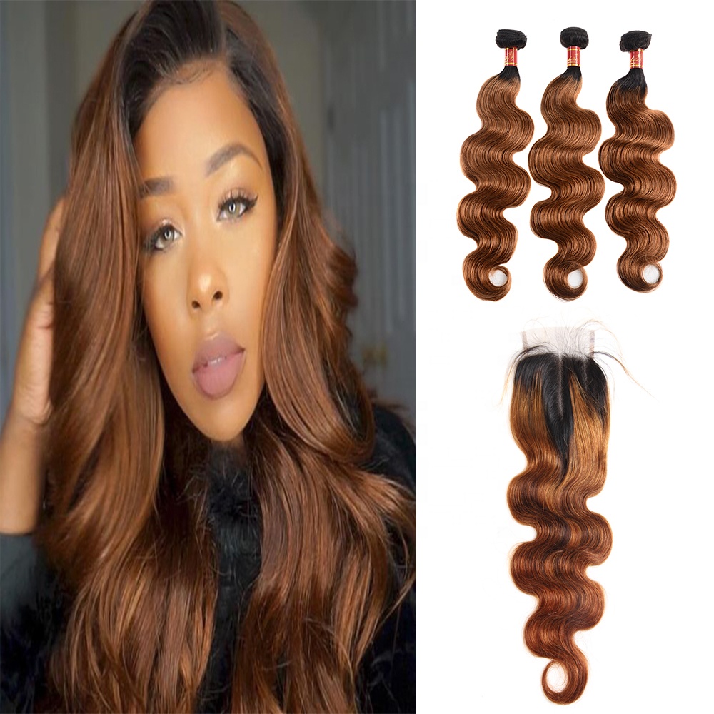 Grade 10A Peruvian Mink Cuticle Aligned Virgin Body Wave Real Ombre Hair Bundles With Lace Closure