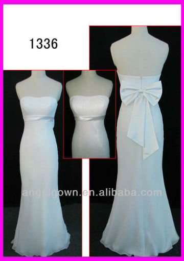 2014 guangzhou elegant real sample strapless modest slim sheath chiffon wedding dress with satin sash/bow back 1336