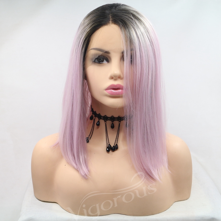 Vigorous ombre short bob blonde premium high quality straight wholesale black women synthetic hair wigs with lace front