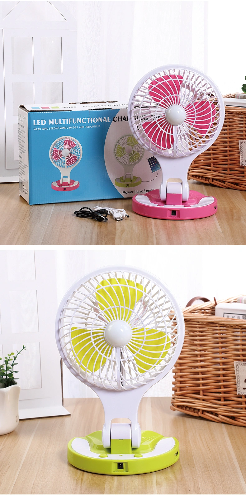 USB Rechargeable Table Portable 8 Inch Plastic Power Bank Function Mini Fan with LED Light