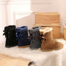 Warm Waterproof Anti-Slip Bowknot Furry Leather Winter Snow Boots for Women