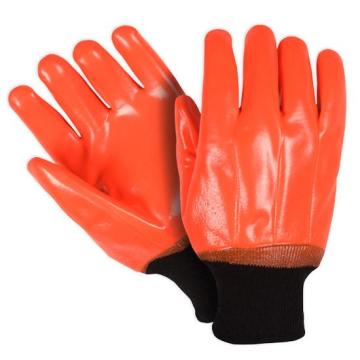 Guantes de PVC de color naranja fluorescente Muñeca de punto de acabado suave