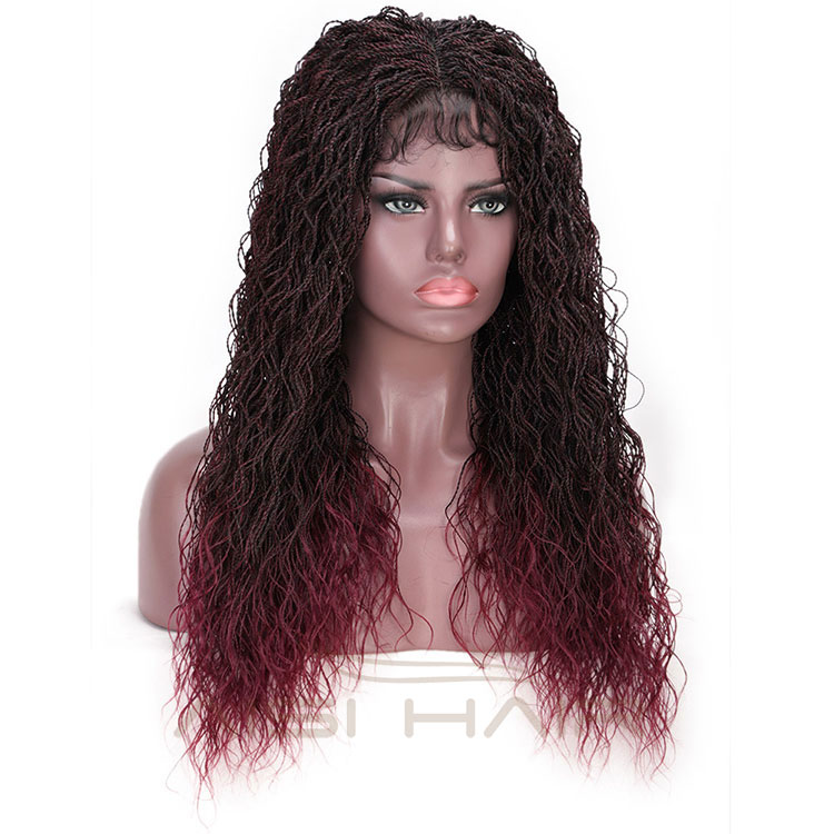 Aisi Hair Ombre Wine Red Lace Front Long Braided Wigs For Women Senegalese Twist Braided Lace Front  Synthetic Long Wavy Wigs