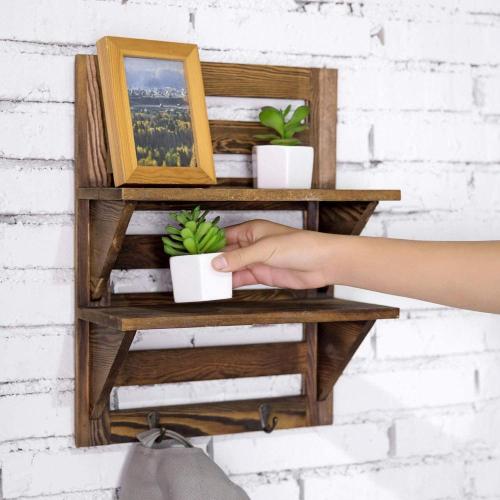 Rustic 2-Tier Wood Wall Mounted Storage Shelf Hooks