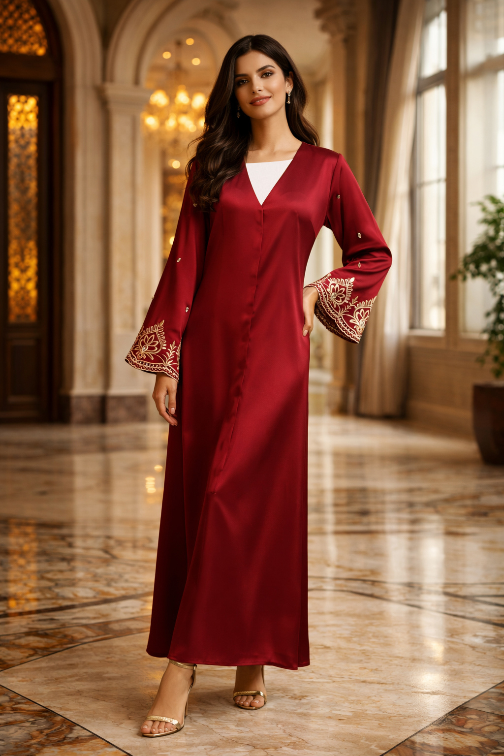 آستین شراب دوزی جلو آستین بدلیجات عبا burgundy sleeve embroidered abaya rhinestone sleeve front view