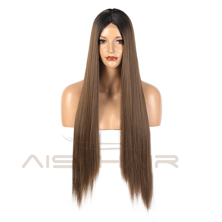 Aisi Hair 30 Inch Long Silky Straight Ombre Brown Dark Root Swiss Lace Wig Cheap Synthetic Hair Lace Front Wigs For Black Women