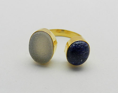 925 Sterling Gold Plated White Druzy & Sapphire Corundum Ring