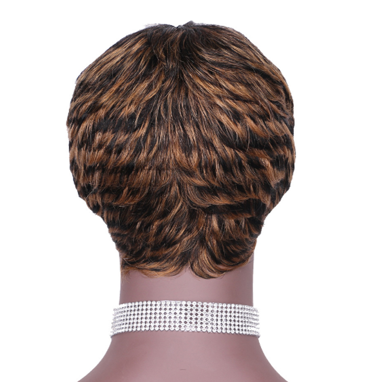 Non Lace Mix Blonde Brown Ombre Color  Short Human Hair Wigs, Pixie Cut Aliexpress Short Non Lace Machine Made Hair Wigs