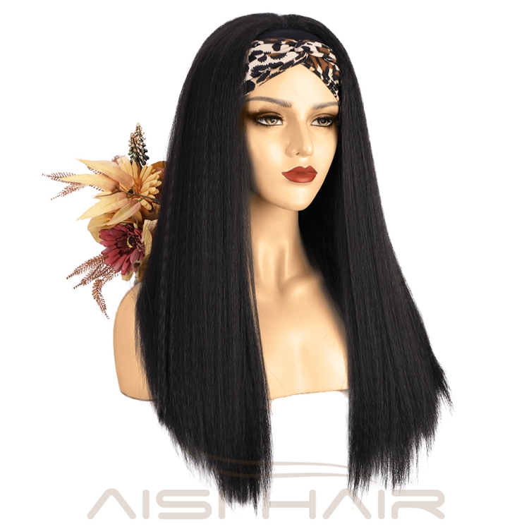 2021 Best Quality Wholesale Long Yaki Glueless Synthetic Wigs Grip Adjustable Headband Attached For Women Brazillian None Lace