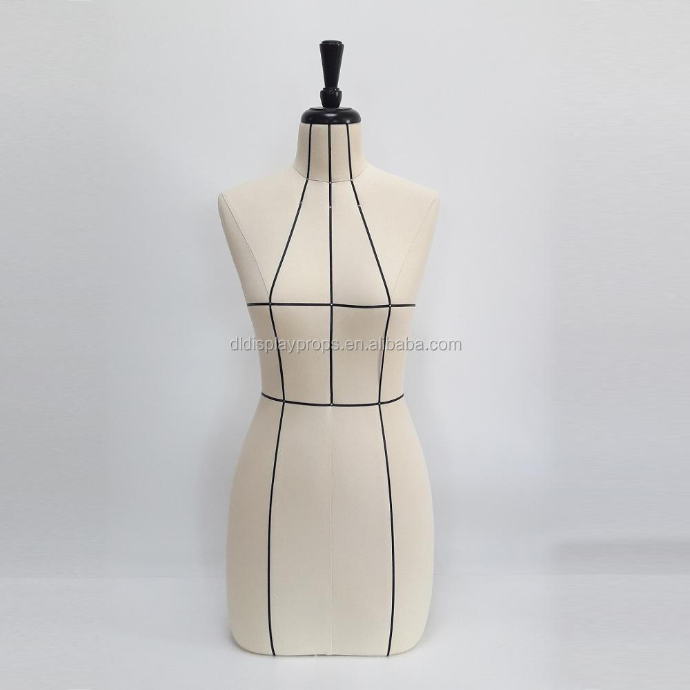 DL014 Female torso mannequin cover with yellow linen fabric, women mannequin with Measurements black Line