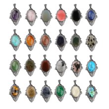 Natural Stone Oval Cabs Pendant Silver Alloy Magic Mirror Stone Pendant Gemstone Charm Pendant for Necklace Earring Diy Jewelry