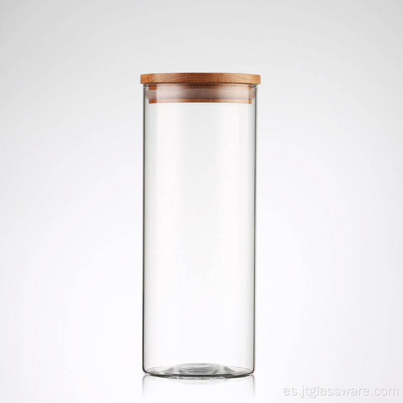 Recipiente hermético transparente de vidrio de borosilicato con tapa de haya