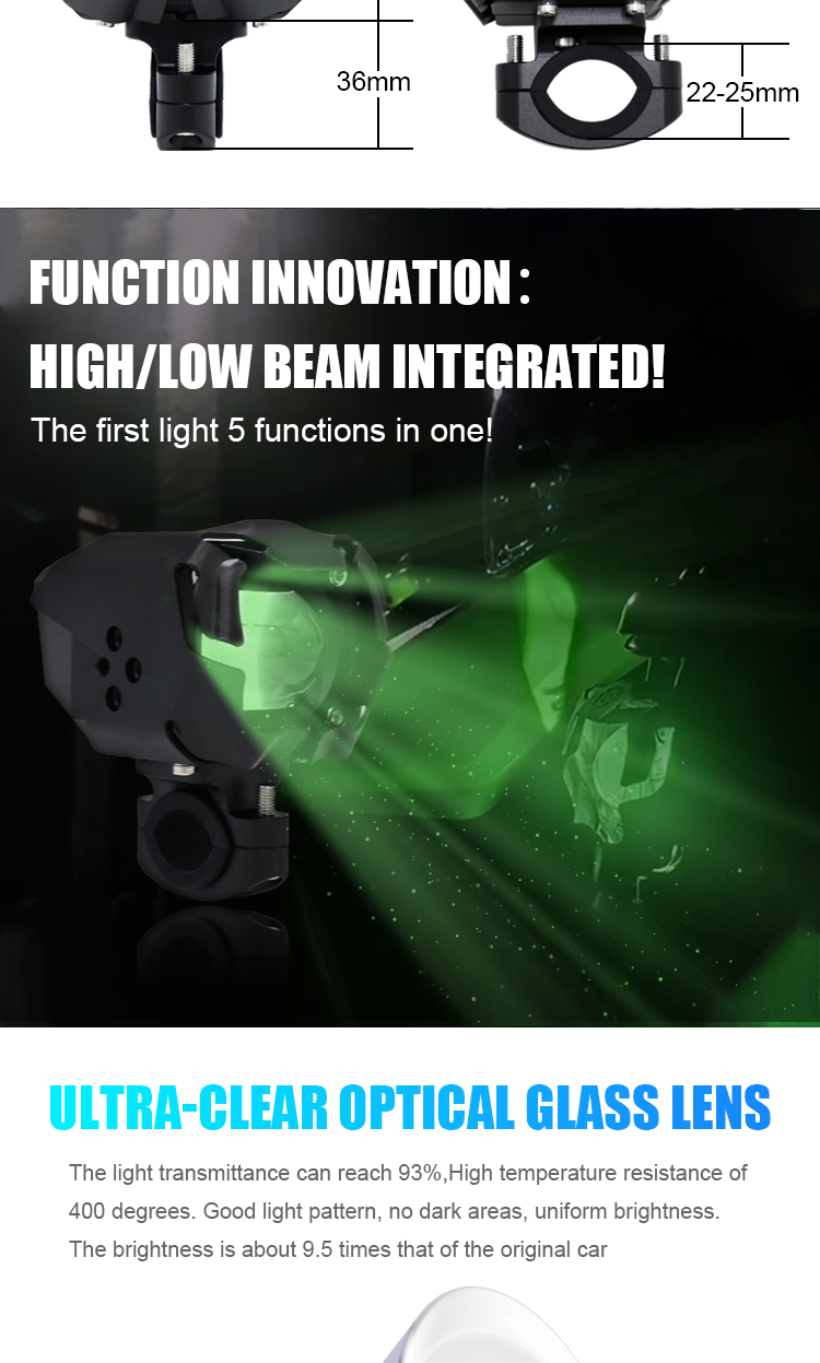 HcMotion Factory High Bow Beam 60W Superhelligkeit RGB Muti Farbe DRL Motorradspot Light Auxiliary Light LED Spotlight